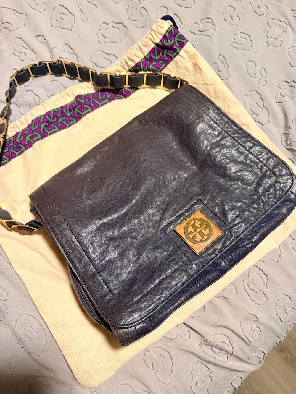 Tory Burch Dark Navy Leather Messenger Bag with Gold Logo